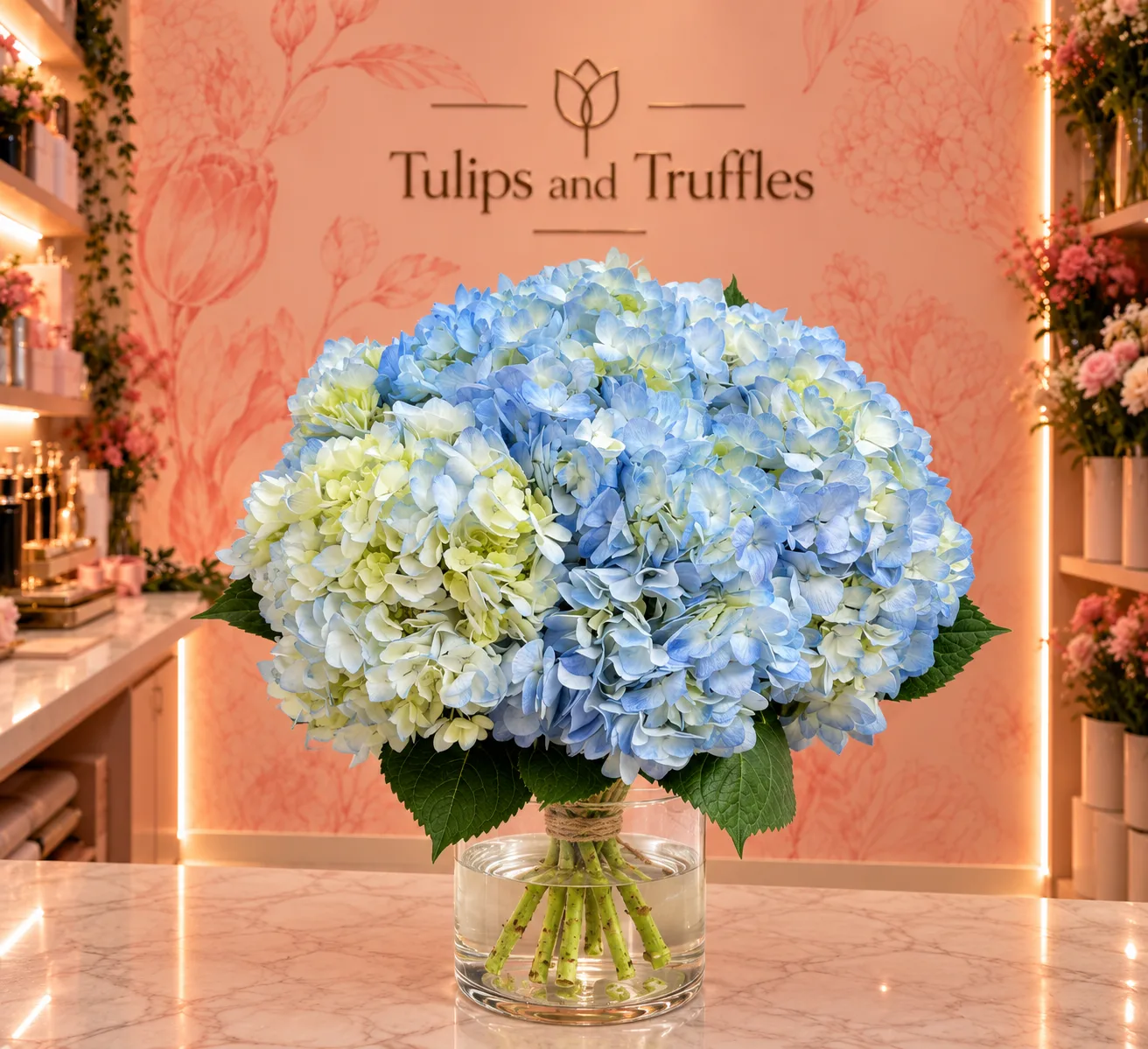 Lush Blue Hydrangeas, Glass Vase
