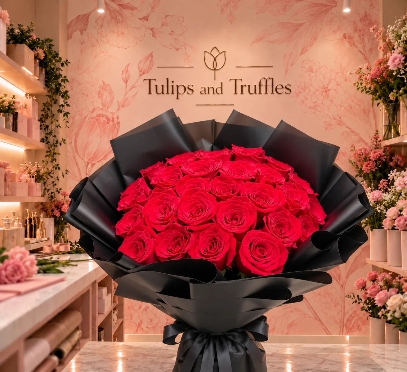 Twenty-Five Red Roses, Black Wrap